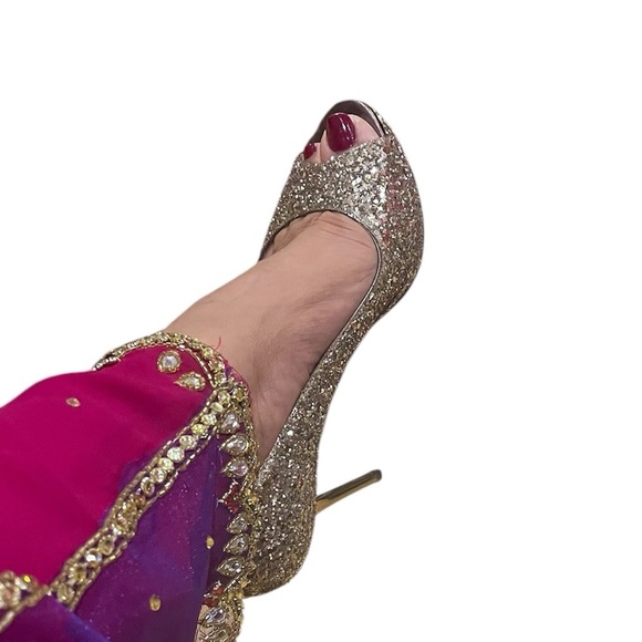 EUC Jimmy Choo Gold Glitter Luna Peep Toe Stilettos - Picture 4 of 5